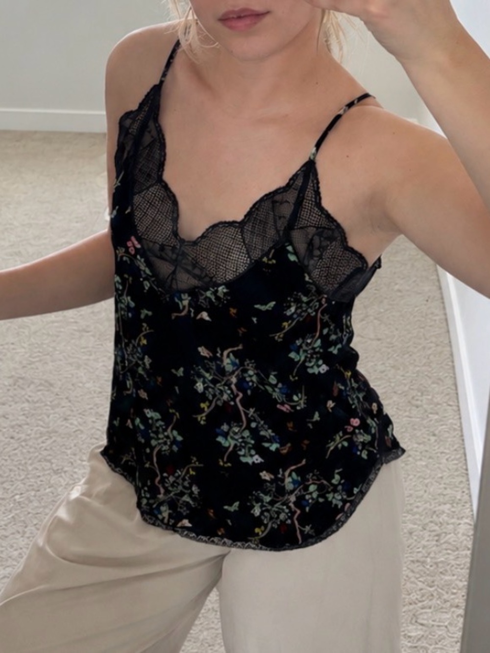 Black Floral Lace-Trim Spaghetti Cami Top